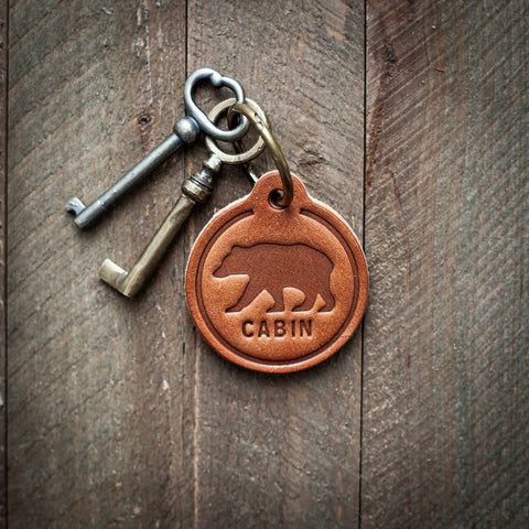 Cabin w/ Bear - Circle Leather Keychain - Wears The MountainKeychainSugarhouse Leather