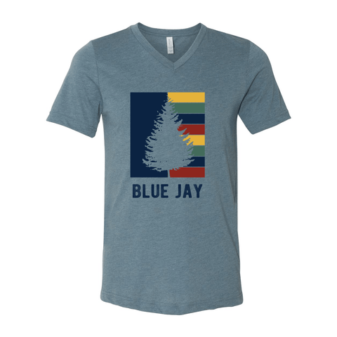 Blue Jay Striped Tree - Unisex Jersey V Tee - Wears The MountainT-ShirtsPrint Melon Inc.