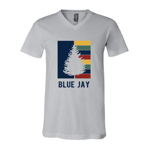 Blue Jay Striped Tree - Unisex Jersey V Tee - Wears The MountainT-ShirtsPrint Melon Inc.